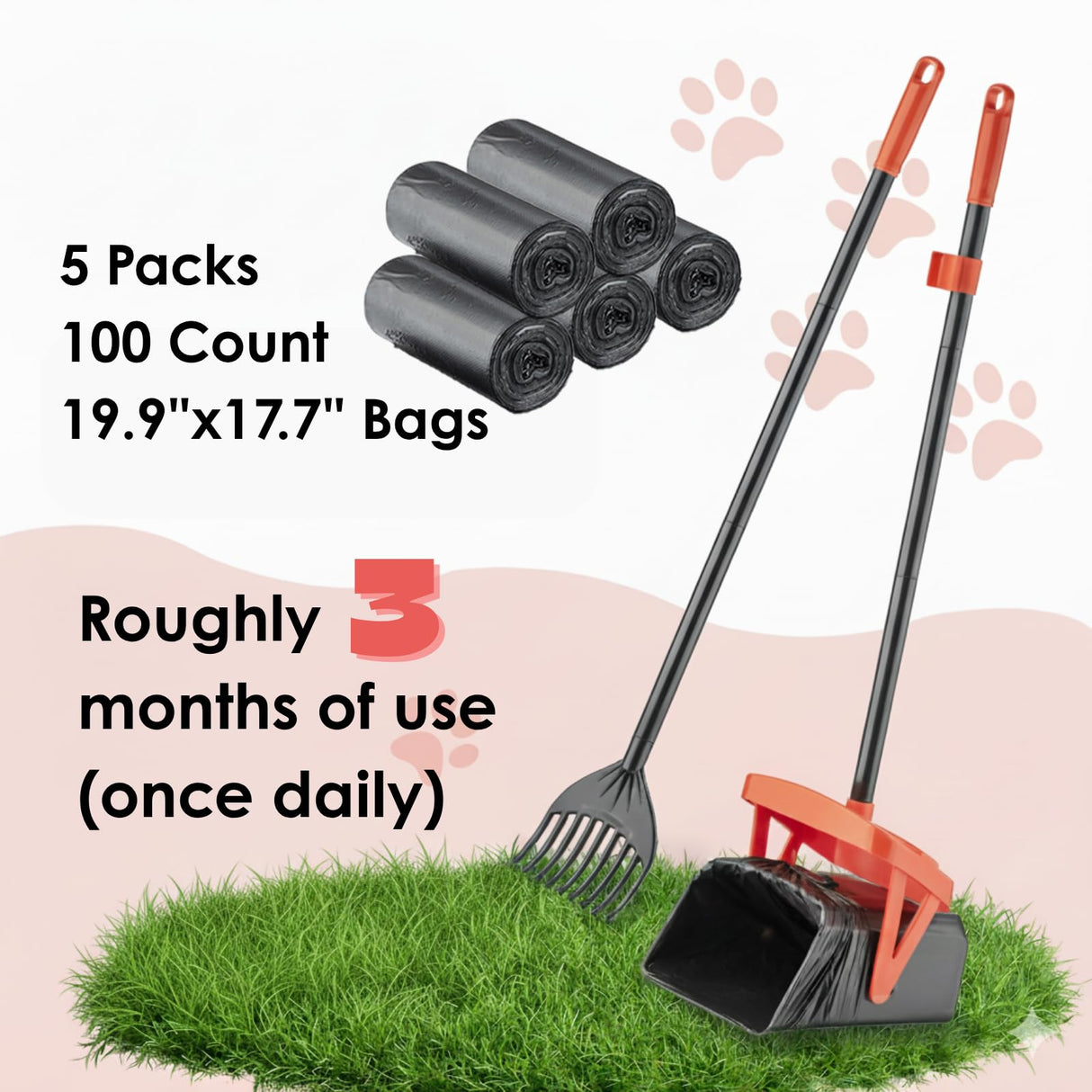 TIMINGILA 36" Pooper Scooper Swivel Bin & Rake with 100 Dog Poop Bags,Adjustable Long Handle for No-Bend Cleanup,Portable Non-Breakable Dog Poop Scooper for Large Medium Small Dogs