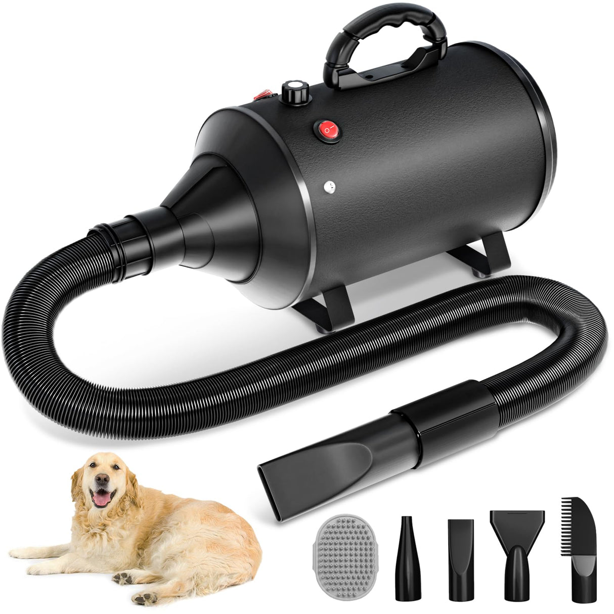 High Velocity Blow Dryer For Dogs, 5.2HP/ 3800W Dog Hair Dryer Speed Temperature Adjustable,Dog Blow Dryer with Thickened Handle,Low Noise Dog Blower Grooming Dryer,4 Nozzles ,1 Massage Brush,Black