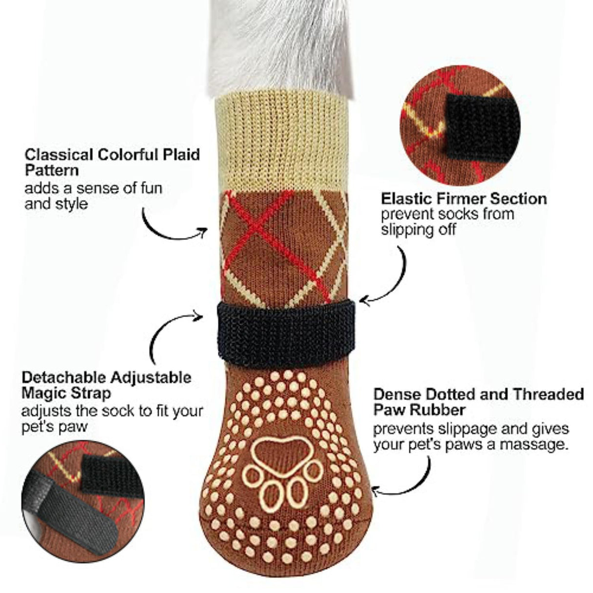 SYEIIYU 4Pcs Anti-Slip Dog Socks, Dog Shoes with Double Sides Grips for Hot/Cold Pavement,Paw Protectors for Small Medium Large Senior Dogs, Traction Control Boots for Hardwood Floors-Brown-XS