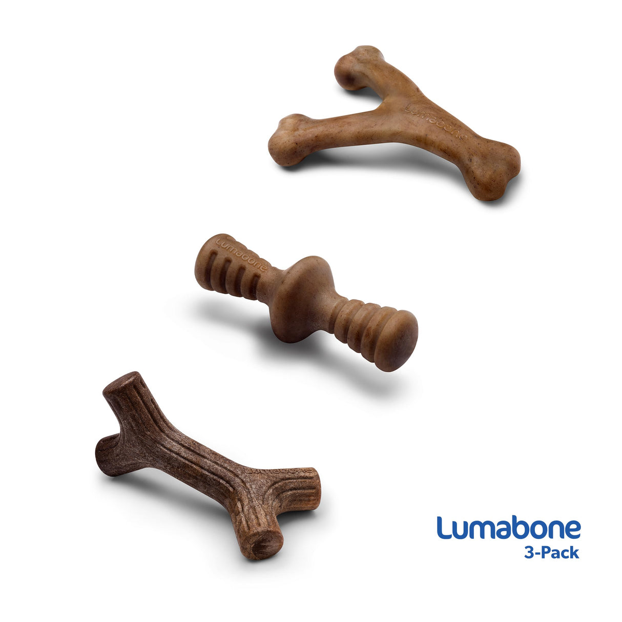 Lumabone Real Bacon Medium 3-Pack Durable Dog Chew Toys for Aggressive Chewers, Made in USA – Wishbone, Zaggler, Stick