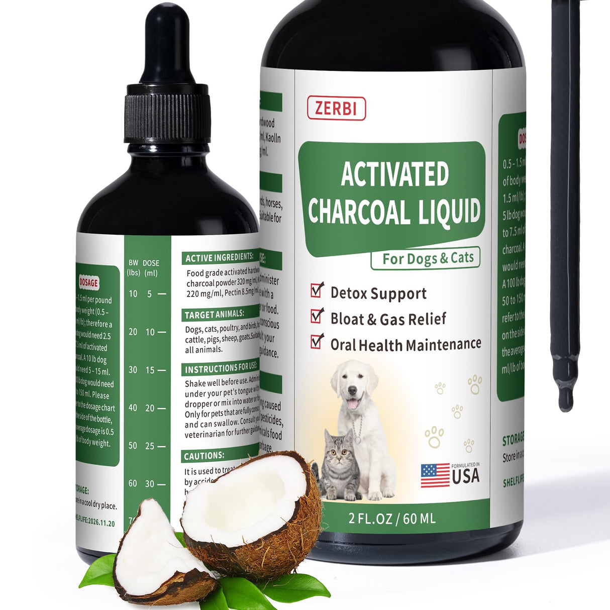 Liovsiso Activated Charcoal for Dogs(Liquid)–Dog First Aid Essential, Ready Rescue for Dogs – Detox, Diarrhea & Gas Relief, Non-GMO, 60ml