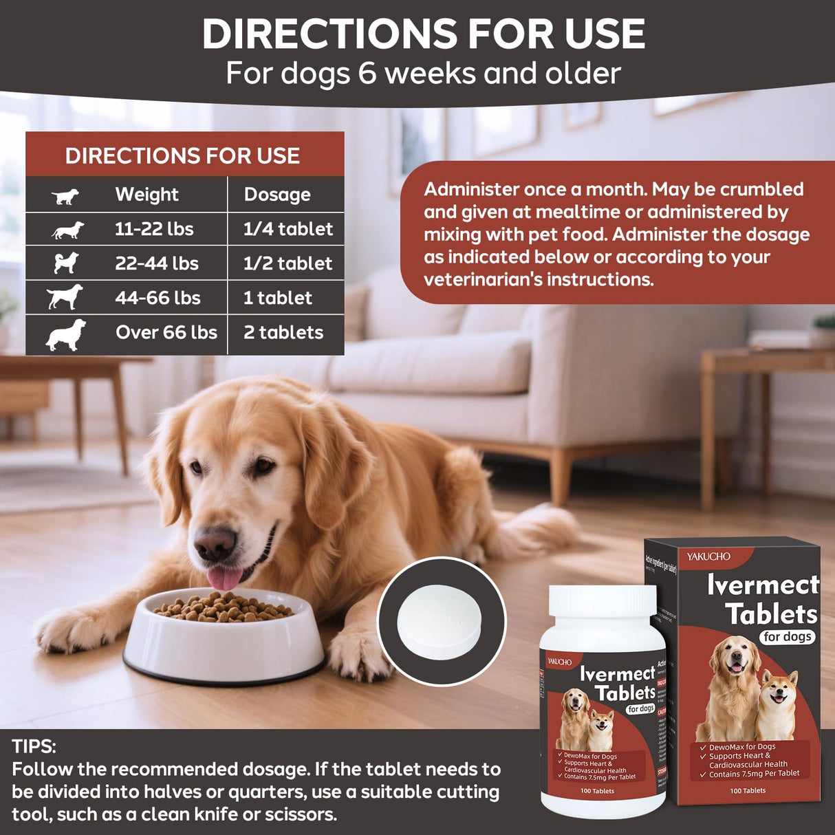 Young Heart for Dogs, lvermect Tablets for Dog – Hawthorn Prevention for Dogs, Heart Health, Circulatory & Cardiovascular System – 7.5 mg, 100 Tablets