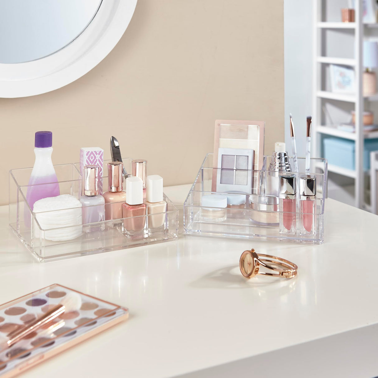 Clear Plastic Small Countertop Vanity Makeup Organizer, Compact Rectangular 4-Compartment Holder for Brushes, Eyeshadow Palettes, & Beauty Supplies, Made in USA