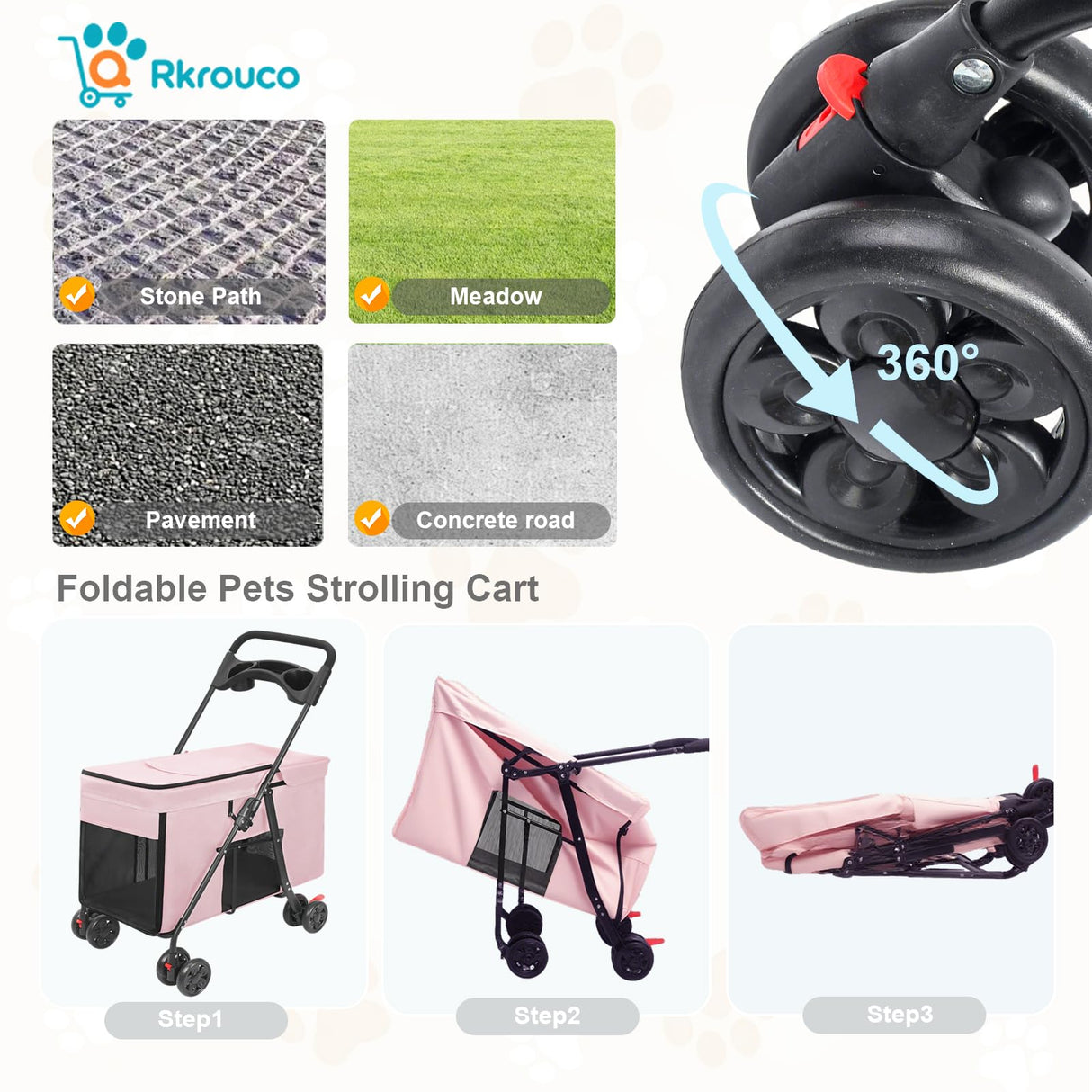 Foldable Pet Stroller for Small Medium Cat Dogs Portable Pets Carriers Strollers with 4 Wheels Up to 55Lbs Puppy Strolling Cart Travel (Pink)
