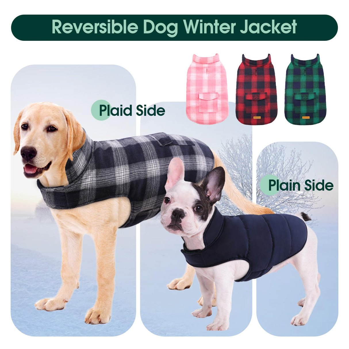 Kuoser Dog Winter Coat, Reversible Dog Jacket, Warm Doggie Coat British Style Puppy Cold Weather Vest, Windproof Pet Clothes Vest for Small Dogs, Blue S
