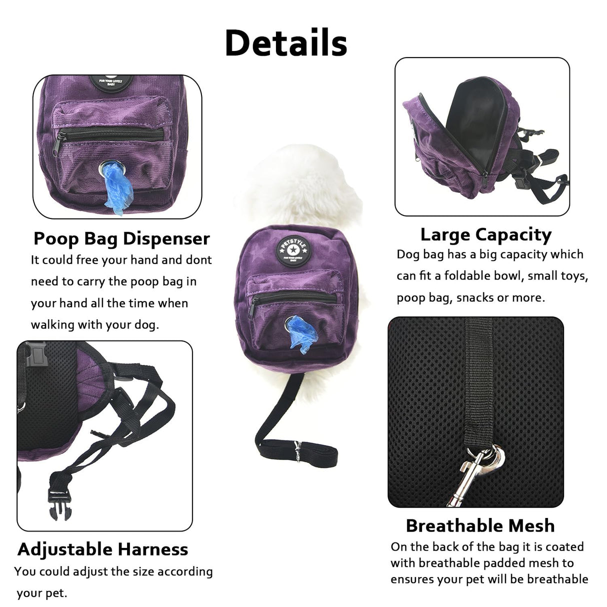 FLAdorepet Dog Backpack Harness with Leash, Dog Poop Bag Dispenser, Pet Self Carrier Adjustable Travel Hiking Walking Harness Backpack for Small Medium Dogs (L(Fit:10-15lb), Purple)