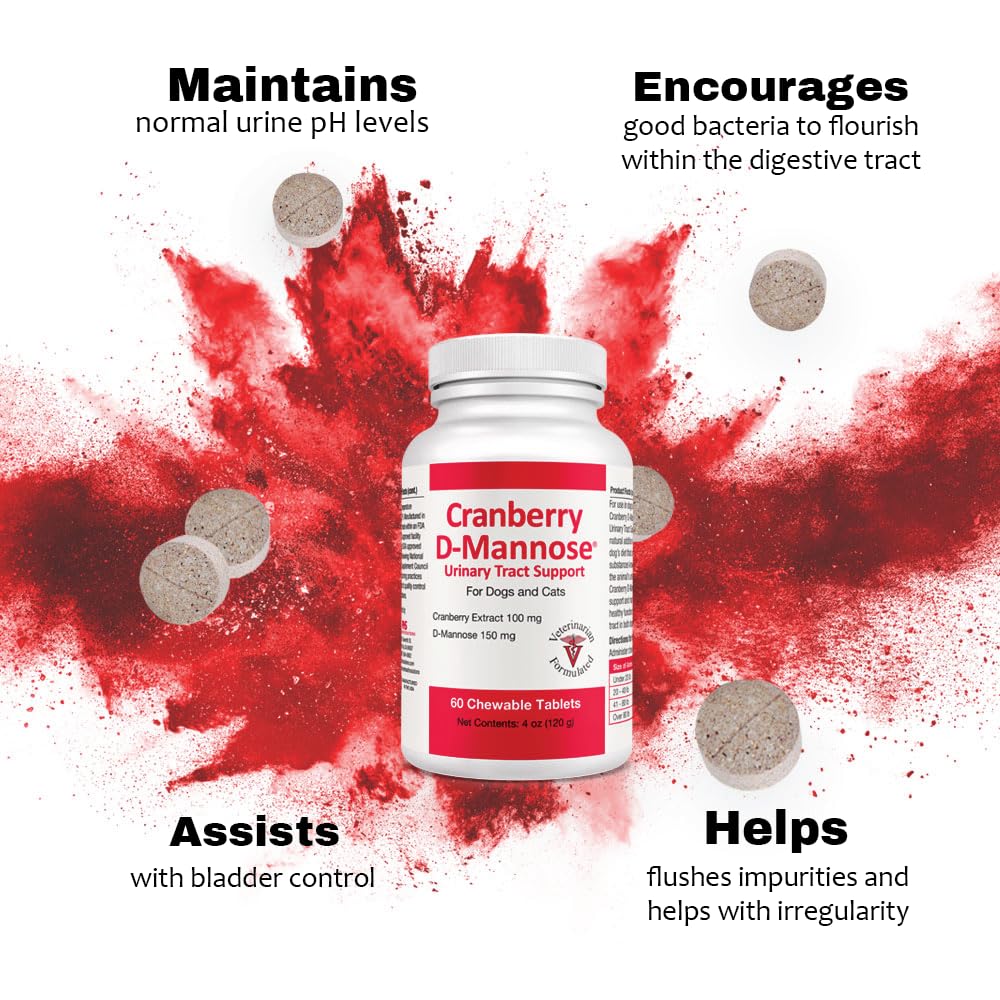 Cranberry D-Mannose Urinary Tract Supplement for Dogs & Cats – Bladder & UTI Health Support – Cranberry Extract, D-Mannose & Vitamin C–Promotes Urinary Wellness & Kidney Function – 60 Chewable Tablets