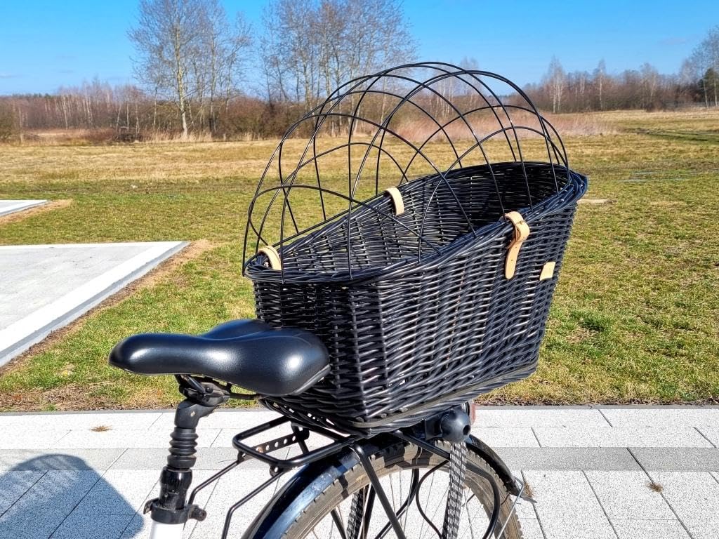 Wiklibox Natural Wicker Dog Bike Basket - 100% Organic Rattan Pet Carrier with Protective Grille - Eco Friendly Design - Soft Cotton Cushion & Mounting Bracket for Secure Bicycle Rear Luggage Rack