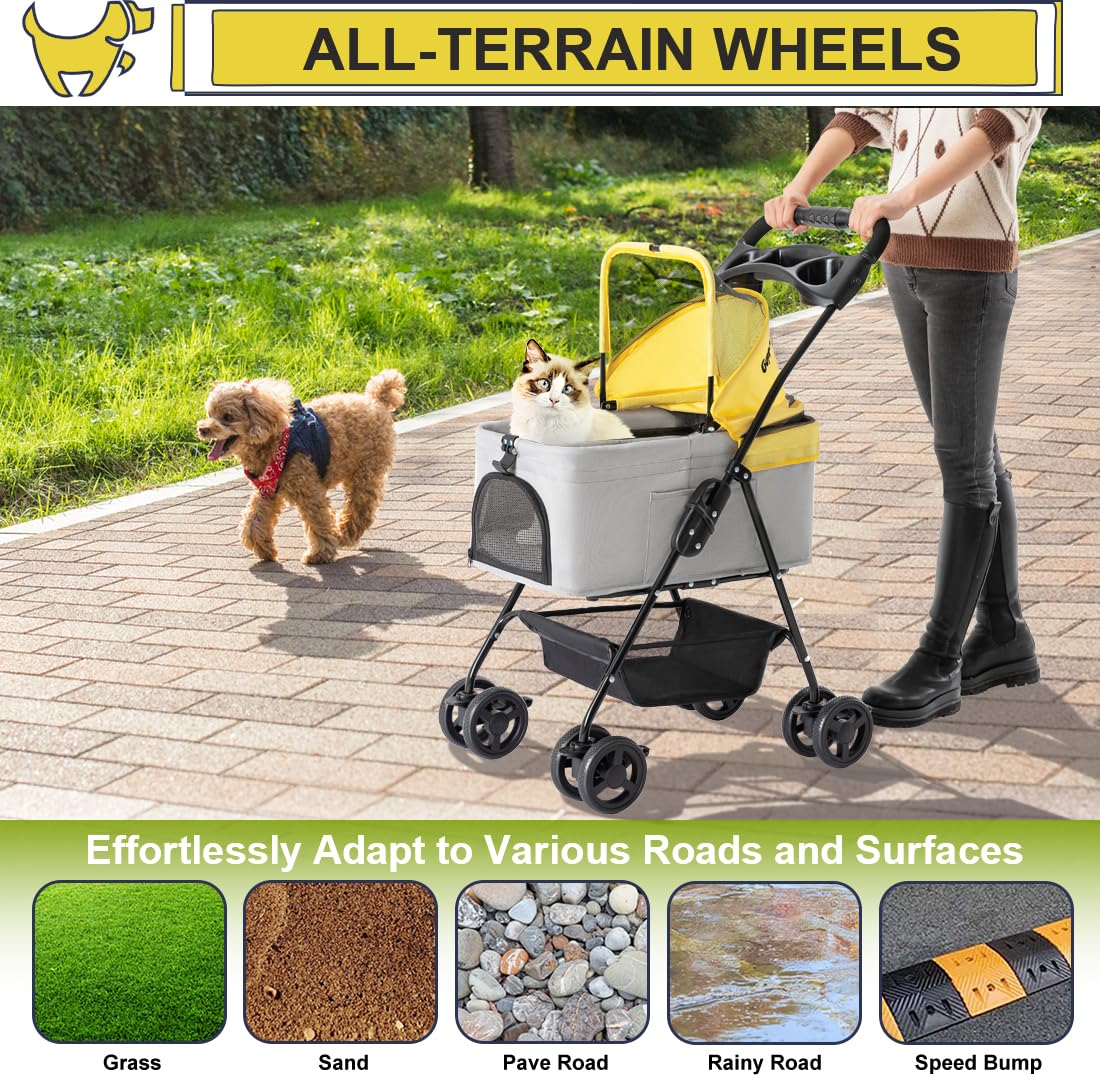 LPOTIUS 3-in-1 Pet Stroller for Small Dogs and Cats, Folding Lightweight Dog Stroller with Detachable Carrier Portable Cat Puppy Jogging Stroller with Cup Holder and Storage Basket, 4 Wheels