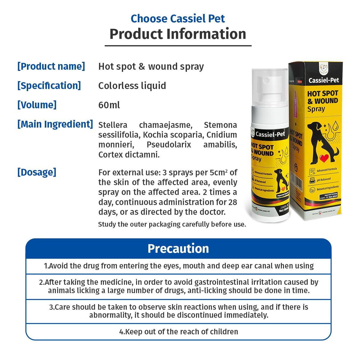 Cassiel pet Hot Spot Spray for Dogs, Itch Relief Spray & Hot Spot Treatment for Dogs, Helps Alleviate Allergies Dry Itchy Skin, Wound Care Spray for All Animals, 2.02oz