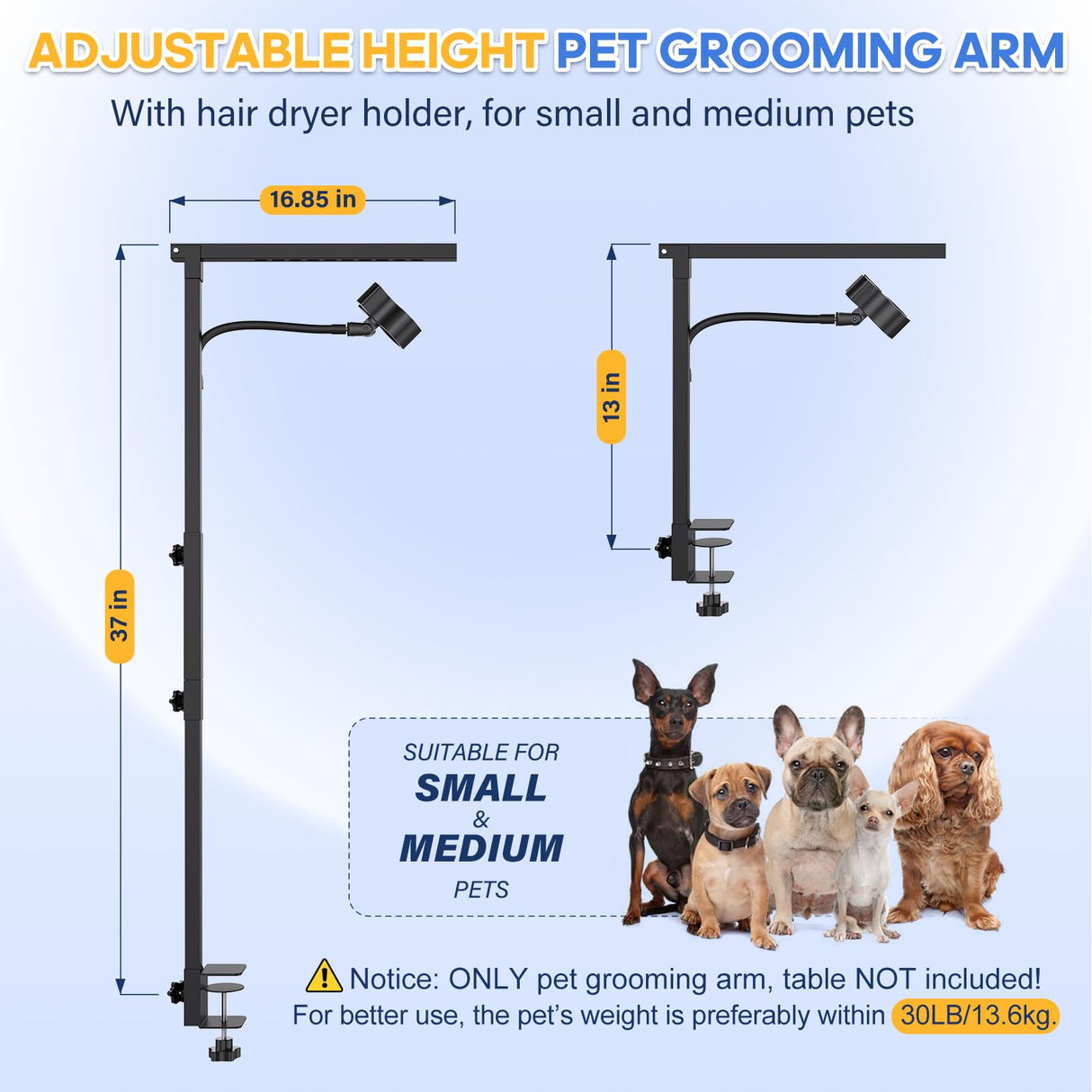 Dog Grooming Arm with Hair Dryer Stand, Adjustable 37'' Dog Grooming Table Arm with Clamp & Dogs Restraints for Grooming Small Medium Dogs Cats, Foldable Pet Grooming Stand at Home