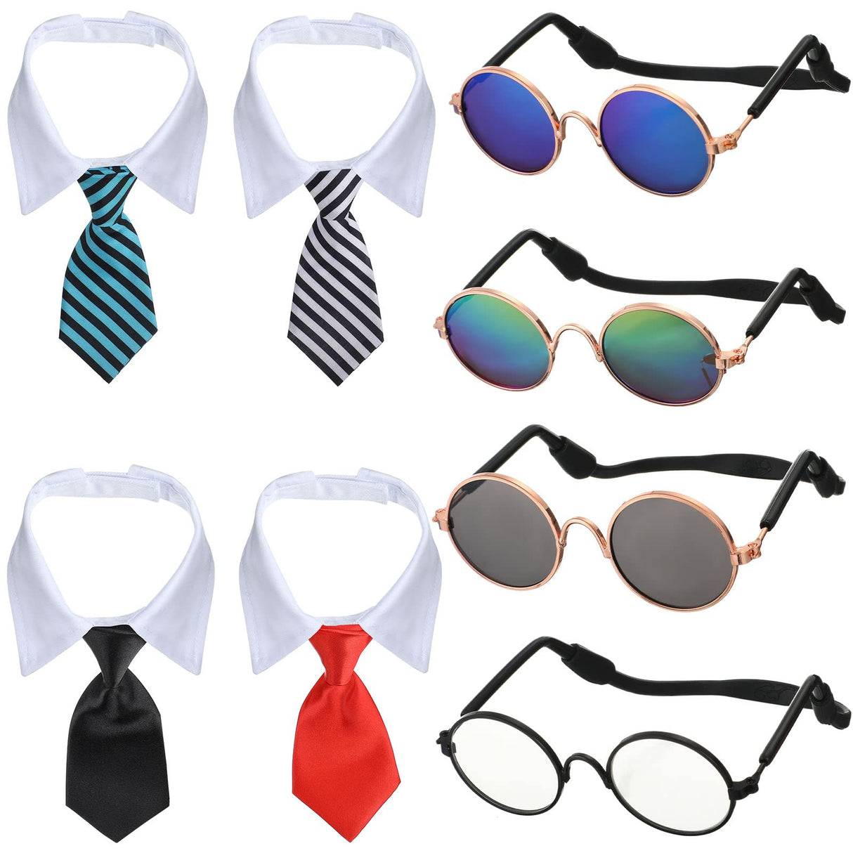 Weewooday 8 Pcs Pet Dog Cat Costume Cat Tie Collar Glasses for Small Dogs Round Metal Classic Retro Sunglasses Tie Pet Costume Tuxedo Necktie Collar Puppy Accessories Halloween Cosplay Party