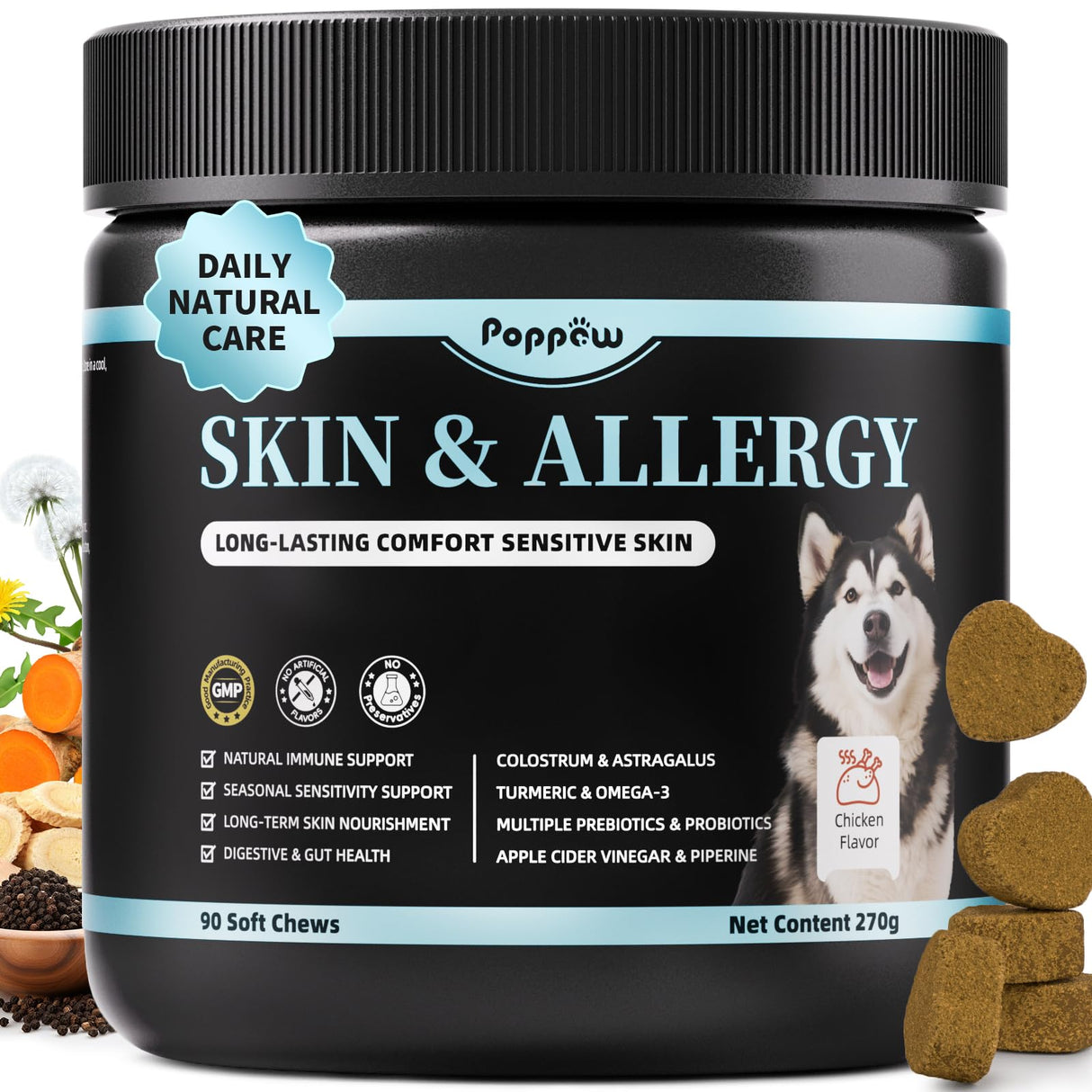POPPAW Dog Skin & Allergy Chews - Dog Probiotics for Sensitive Skin Health Support - Allergy Relief - Support Seasonal Allergies, Immune & Gut & Digestive Health Supplement - Chicken Flavor - 90 Count