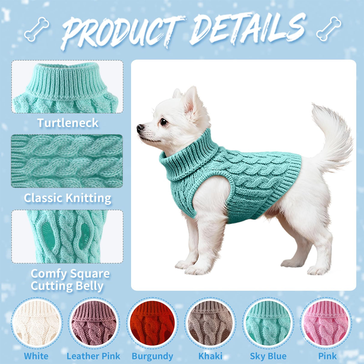 Adboros 6 Pack Warm Small Dog Sweater Puppy Small Medium Warm Cloth in Winter Cable Knitwear Pet Cat Turtleneck Knitted Sweaters Cold Weather for Boy Girl Pet Chihuahua Doggie, Six Colors (L)