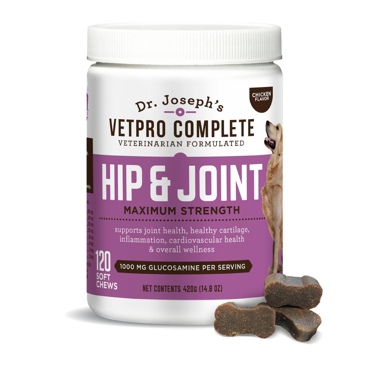 Dr. Joseph's VetPro Complete Dog Hip & Joint Supplement for Arthritis Pain Relief – High-Strength Glucosamine & Chondroitin Chews for Senior Dogs – Vet Formulated Daily Treats, Chicken Flavor, 120 Ct