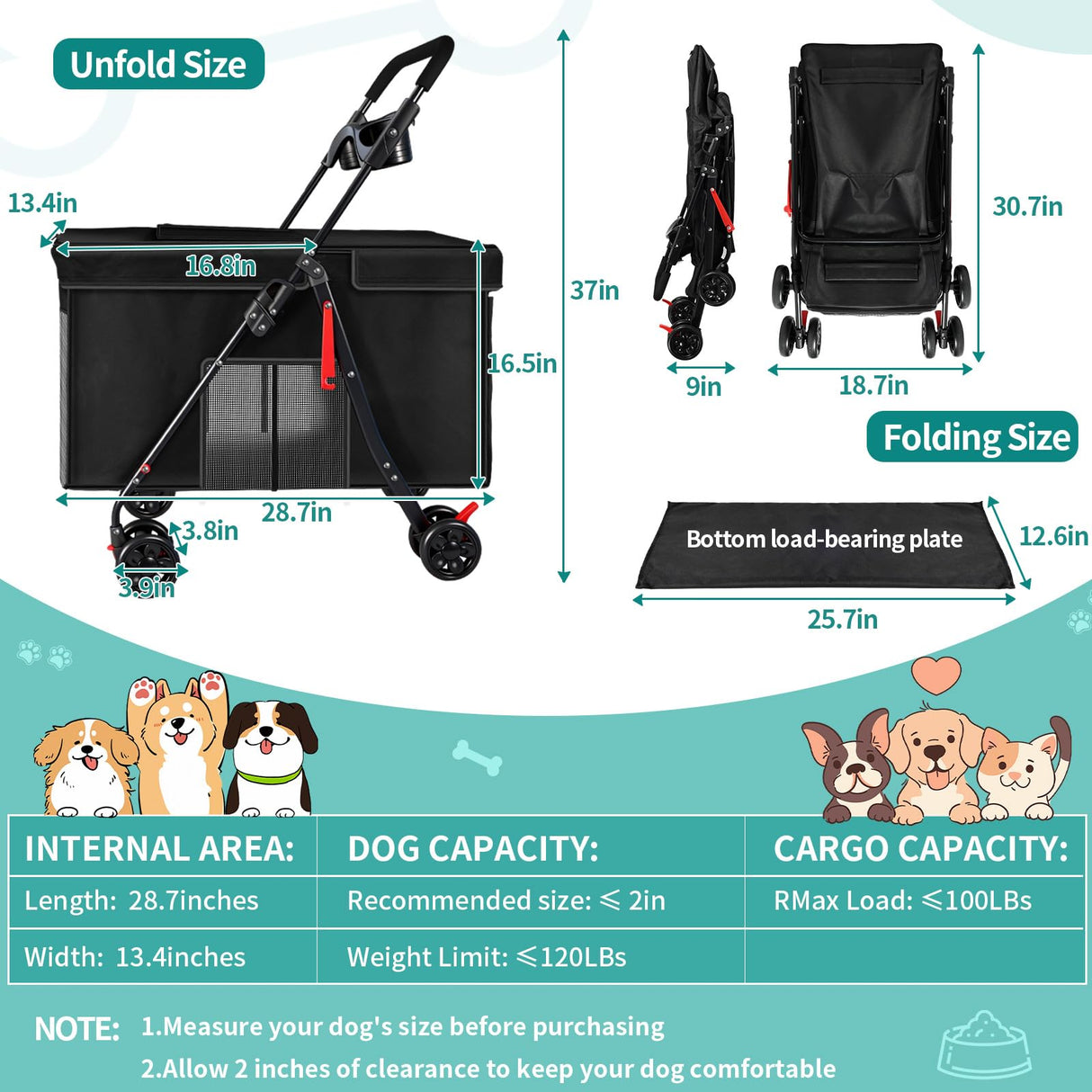 Medium Dog Stroller for Large Dogs, Pet Stroller for Medium Dogs Up to 100lbs, All-Terrain with Handle & Canopy, Storage Organizer, Waterproof Oxford Fiber Black