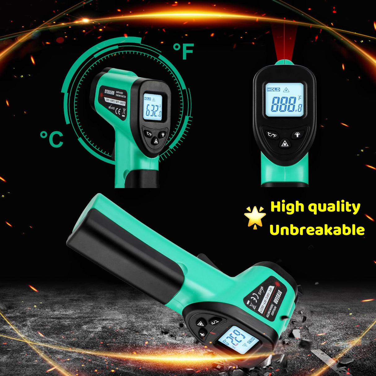 Infrared Thermometer Gun for Cooking, -58β~1022β, Digital Laser Temperature Gun for Blackstone Pizza Oven Reptiles, IR thermometer with Carrying Storage Case, Larger Font, LCD Backlit, Green