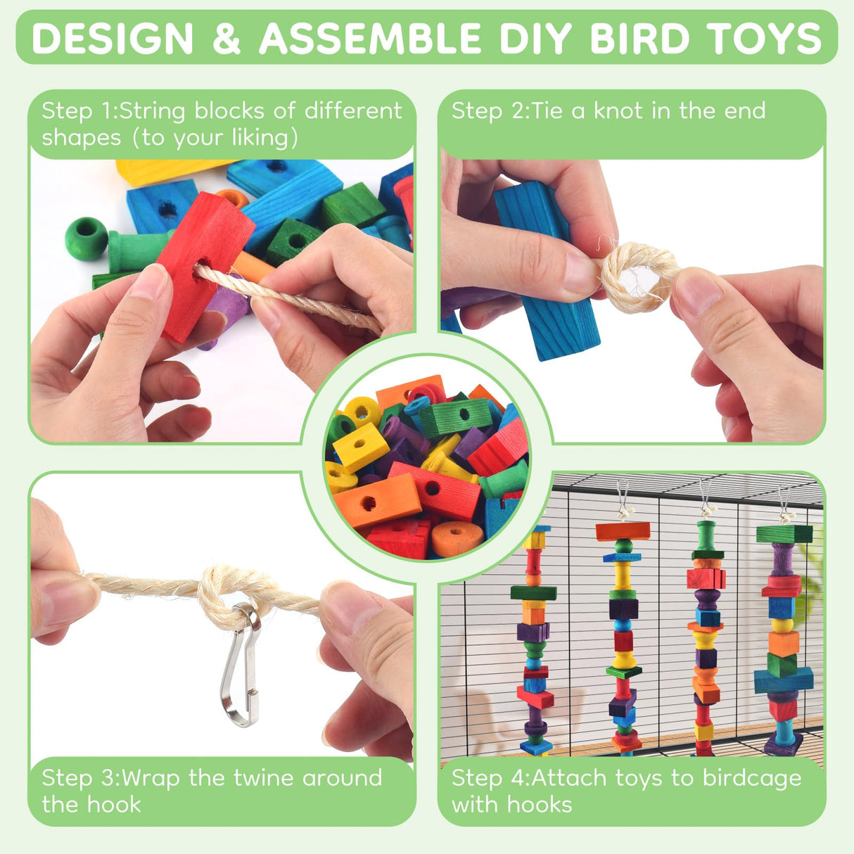 DBNESS Bird Toys for Parrots, 200 Pcs Colorful Multi-Shaped DIY Wooden Blocks Craft, Natural Parrot Chew Training Foot Toy for Amazon African Grey Cockatiels Conure Monk Parakeet