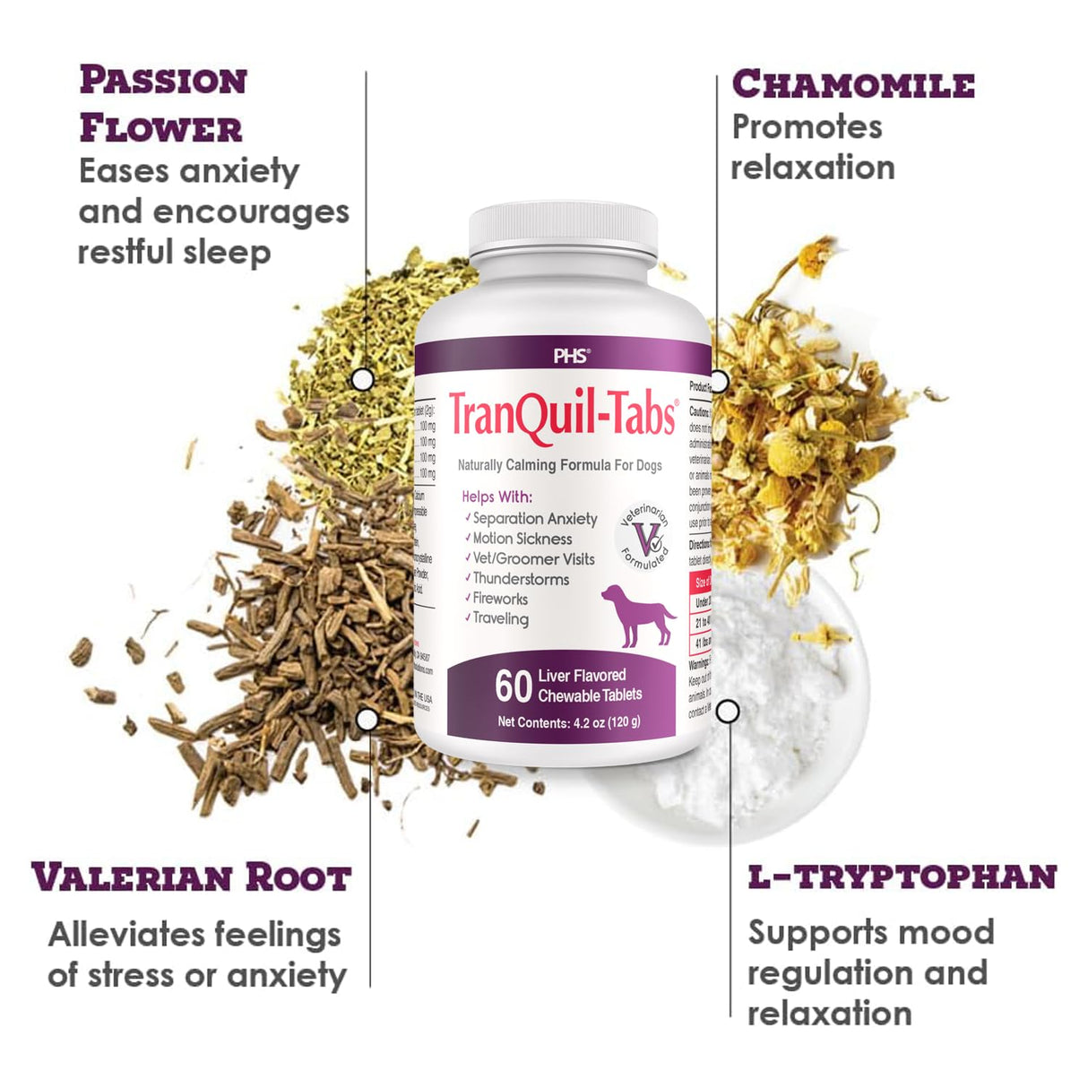 TranQuil-Tabs for Dogs - Contains Chamomile, L-Tryptophan, and Melatonin - Relieves Stress and Tension - Ease Travel and Separation Anxiety - 60 Tabs