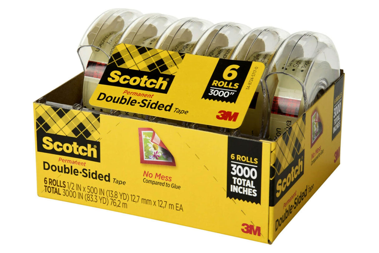 Scotch Double Sided Tape with Tape Dispenser, Office and School Supplies for Arts and Crafts, Alternative to Scrapbooking Tape, 0.5 in. x 500 in., 6 Tape Rolls With One Tape Dispenser