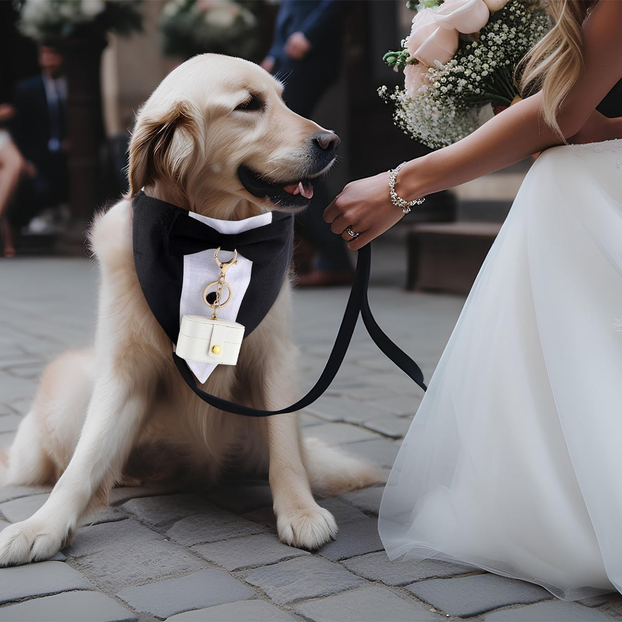 Locmeo 3 Pcs Dog Wedding Collar Outfit Include Dog Tuxedo Attire Wedding Ring Bearer Ring Holder Pouch Box Adjustable Pet Neck Bow Tie with Leash
