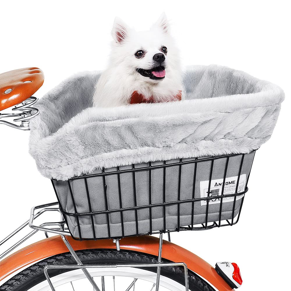 ANZOME Dog Bike Basket Liner (Liner Only), Soft Sherpa Padded Cover for Wire Bicycle Baskets, Warm Winter Pet Carrier Insert Bed with Durable Canvas & Elastic Fit (Grey)