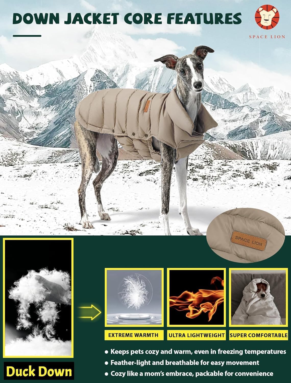 SPACE LION Dog Puffer Jacket, Down Winter Coat, Durable Outdoor Coat for Cold and Windy Conditions, Lightweight & Adjustable Fit Coats for Large Dogs, (Camel, Size28/4XL)