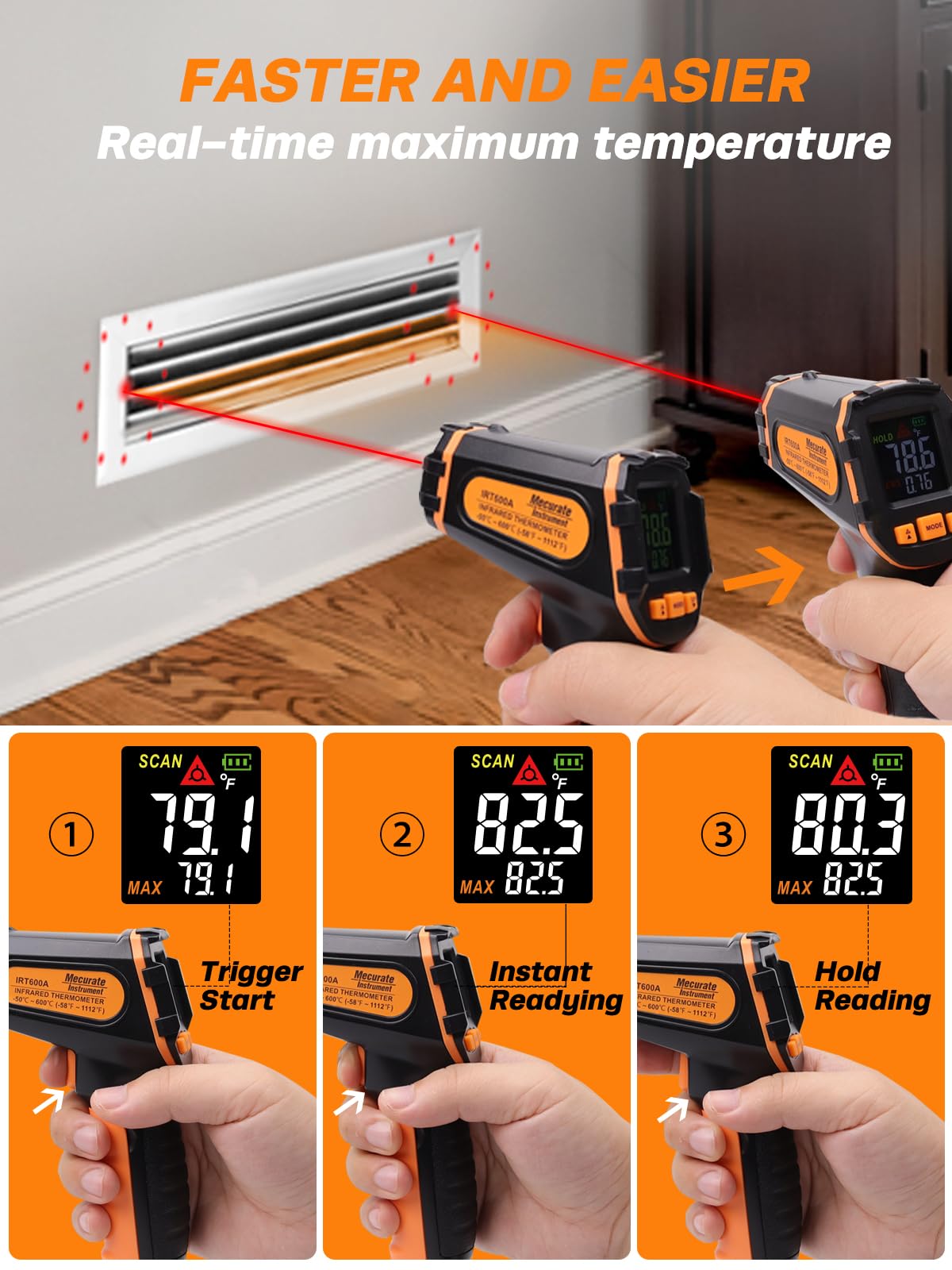 Mecurate Digital Infrared Thermometer Gun Non Contact Laser Temperature Gun -58℉~1112℉(-50℃~600℃) Adjustable Emissivity & Max Measure for Cooking/BBQ/Freezer with Food Thermometer
