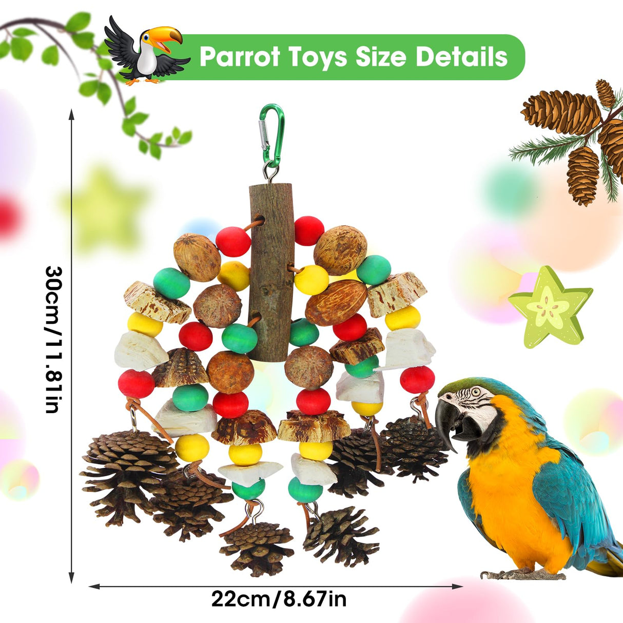 MQUPIN Parrot Toys, Nuts Nutrient-Rich Bird Toys,Natural Wooden Parrot Cage Bite Toy,Chewing Toy Containing Cuttlefish Bones,Pine Cones,Wooden Mangoes and Carambola for African Greys,Cockatoo,Budgie