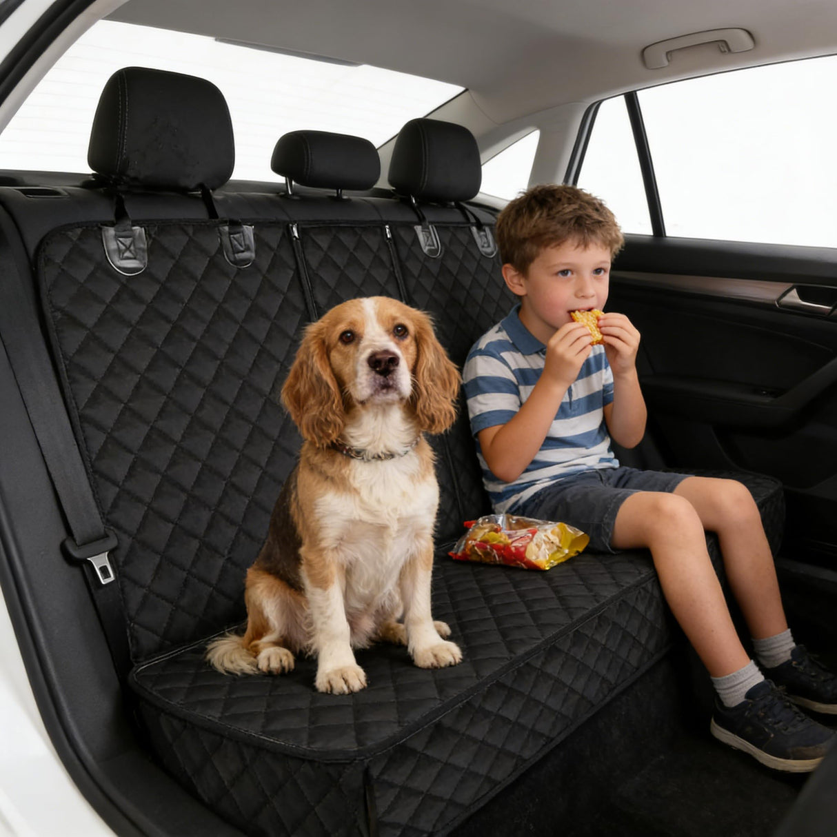 SNZ Waterproof Dog Car Seat Cover for Back Seat, Pet Seat Protector with Non-Slip Backing & Fashion Pattern, Fits Cars Trucks SUVs Universal Bench Seat Cover Incidentally Dog Seat Belt 3 Piece Set