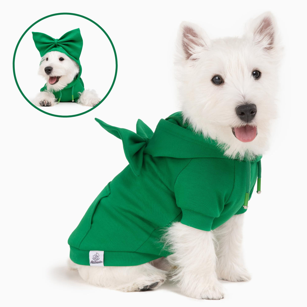 Allisandro Dog Hoodie with Interchangeable Bow Ties, Puppy Exquisite Pocket Doggie Winter Clothes, Pet Hooded Sweatshirt, L, Green