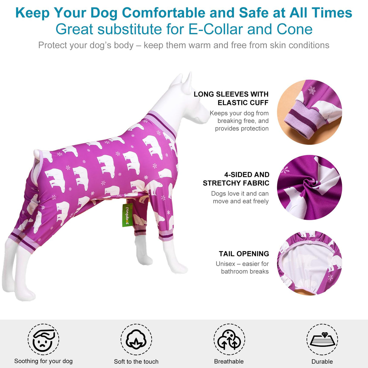 LovinPet Giant Pet Costume, Soft Cotton Dog pjs with Polar Bear Snowflake Print, Dog Clothing for Medium, Large Dogs,Pittie Pajamas, Large