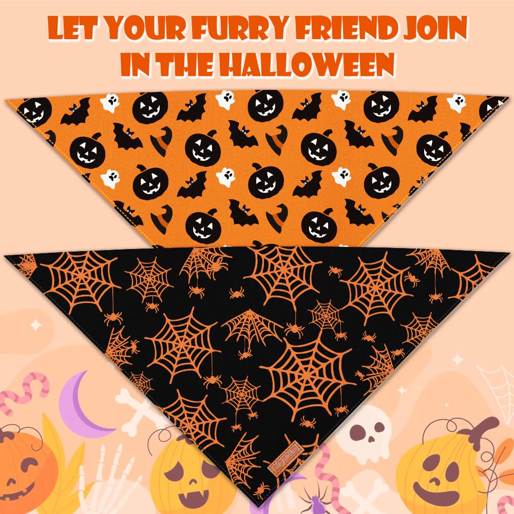 Halloween Dog Bandanas 2 Pack Washable Soft Cotton Halloween Pumpkin and Spider Bibs Scarf Multiple Sizes Offered Premium Durable Fabric Adjustable Fit