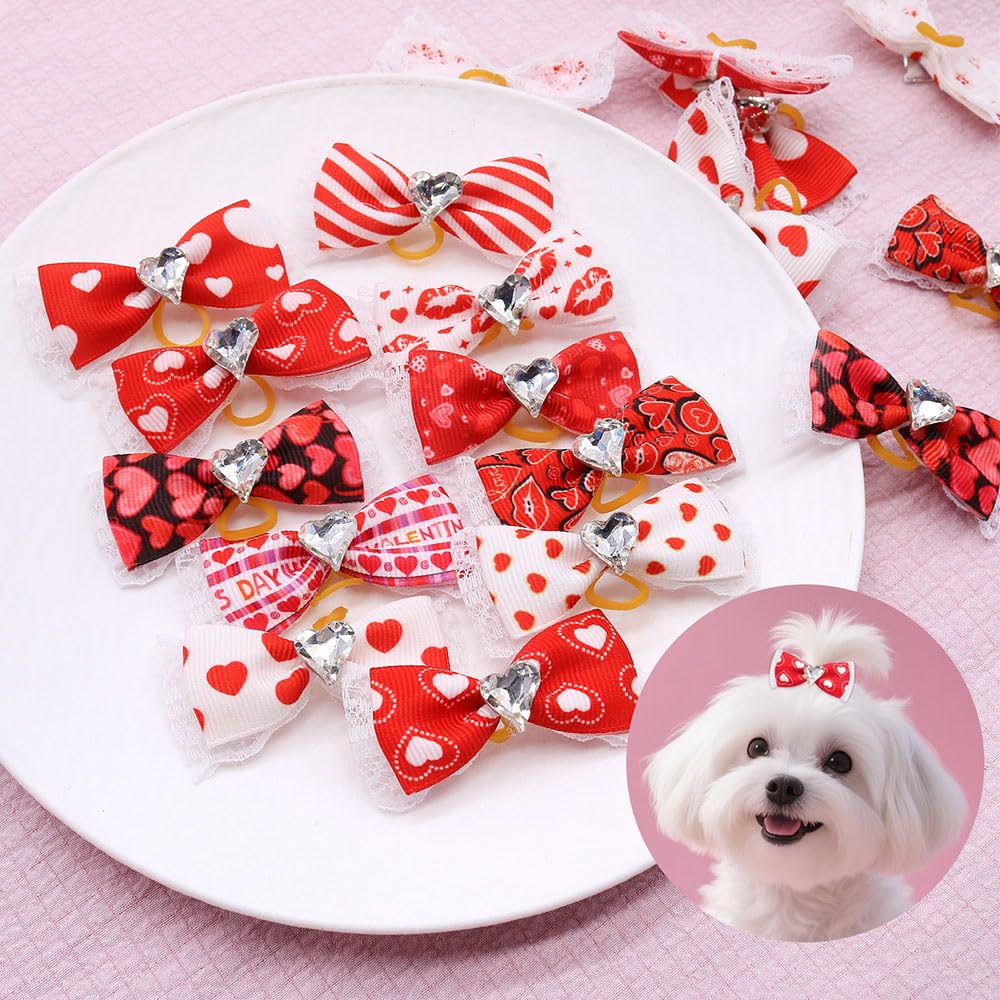 20Pcs Valentine's Day Dogs Hair Bows with Rubber Band for Small Medium Pet Curly Adorable Rhinestone Dog Bows Puppy Cat Hair Accessories Heart Pattern (for Valentine’s, Medium (2 inch)