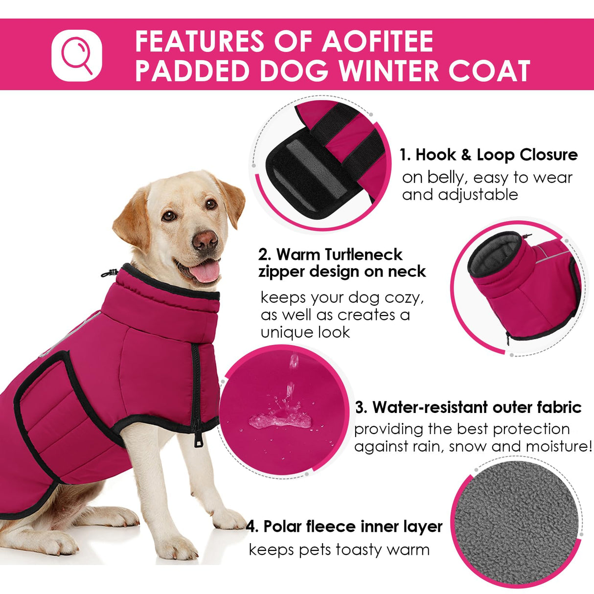 AOFITEE Dog Winter Coat, Waterproof Dog Jacket, Dog Coat with Harness Hole, Warm Fleece Dog Puffer Jacket, Reflective Windproof Dog Snowsuit for Small Medium Large Dogs, Dachshund, French Bulldog, L
