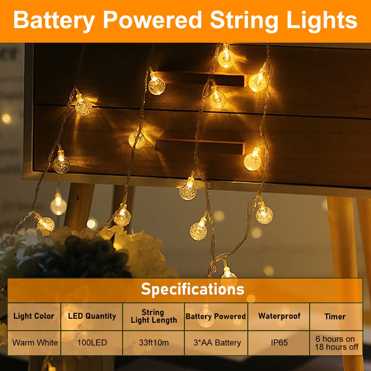 Outdoor String Lights 2 Pack, 66ft 200LED Battery Operated String Lights Waterproof with Remote 8 Modes Indoor Outdoor Hanging Lights Decorative String Lights, for Party Wedding Christmas Lights