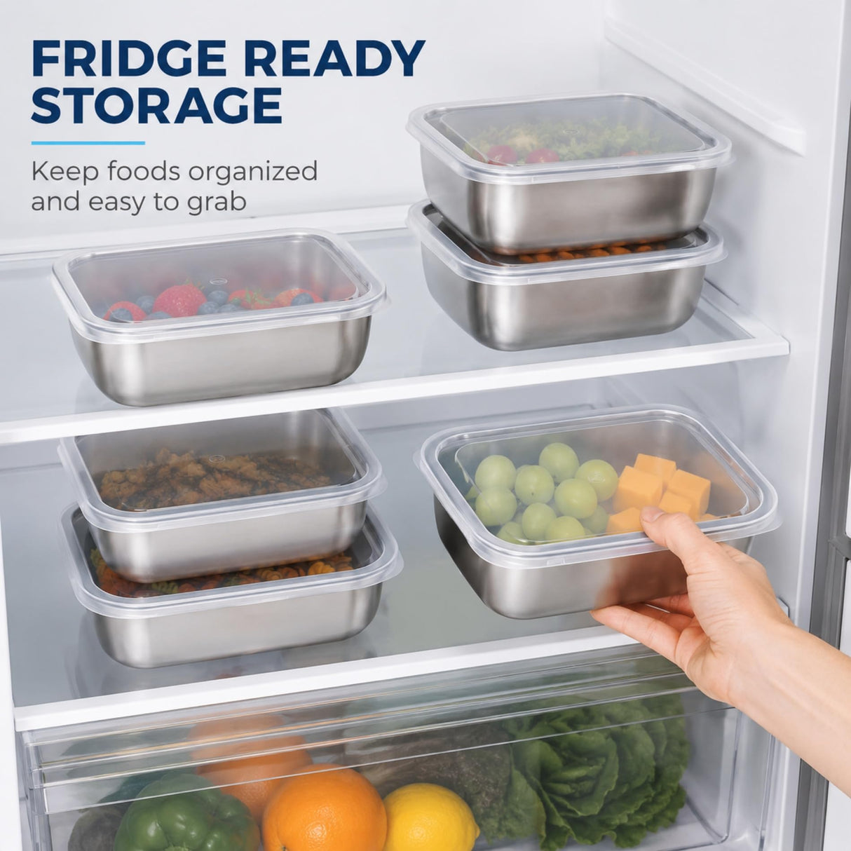 5 PCS Stainless Steel Storage Container Sets - Clear Lids, Stackable Food Storage | Kitchen Containers, Fruit & Snack Organization (Multi-Use)