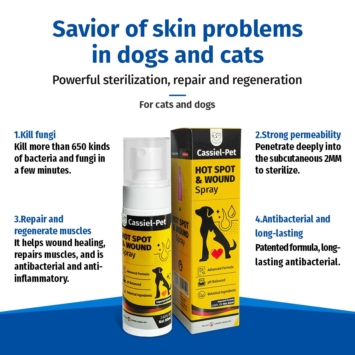 Cassiel pet Hot Spot Spray for Dogs, Itch Relief Spray & Hot Spot Treatment for Dogs, Helps Alleviate Allergies Dry Itchy Skin, Wound Care Spray for All Animals, 2.02oz