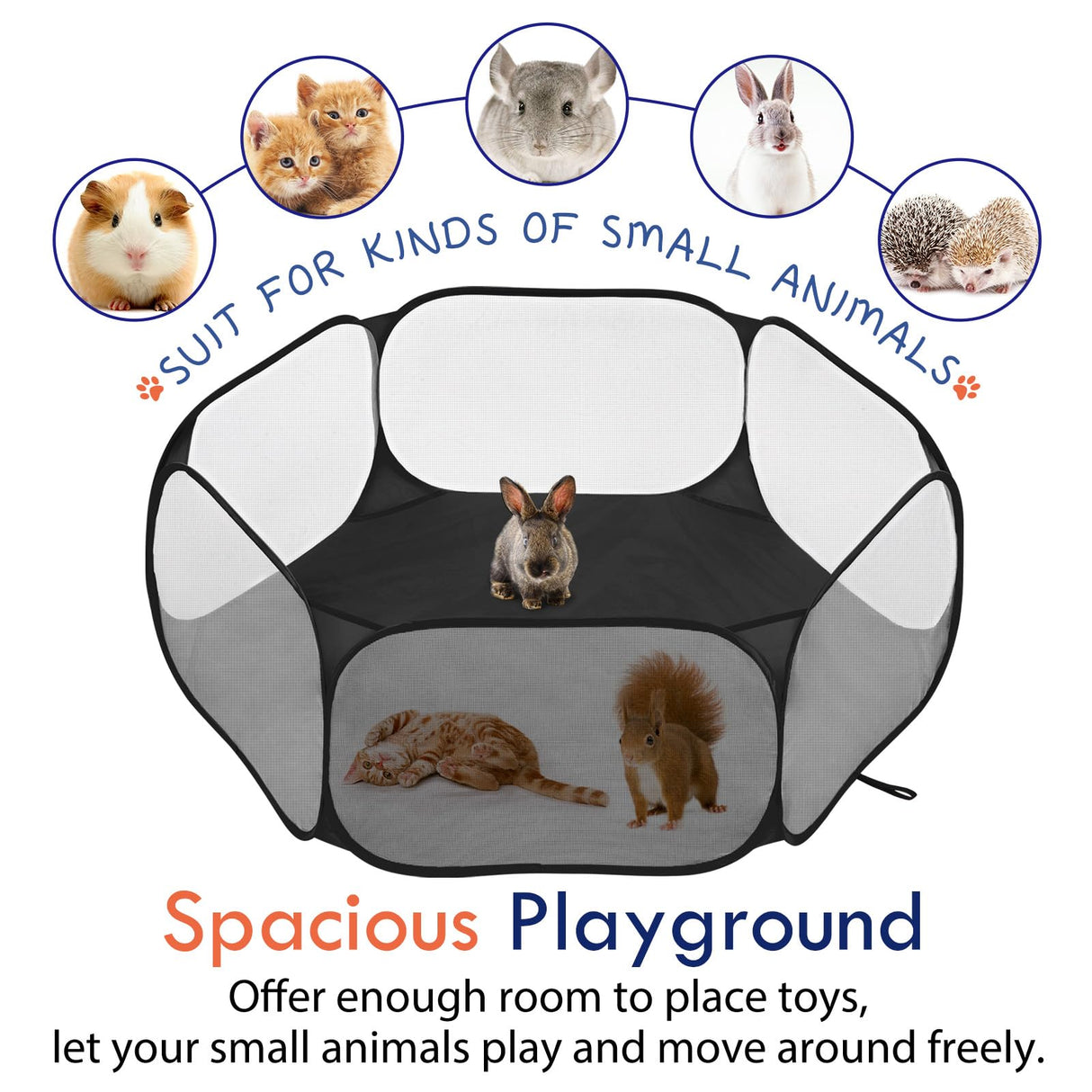 Pawaboo Small Animals Playpen, Waterproof Small Pet Cage Tent with Strong Steel Wire Frame, Portable Outdoor Yard Fence for Chick/Kitten/Puppy/Guinea Pig/Rabbits/Hamster/Chinchillas, Black