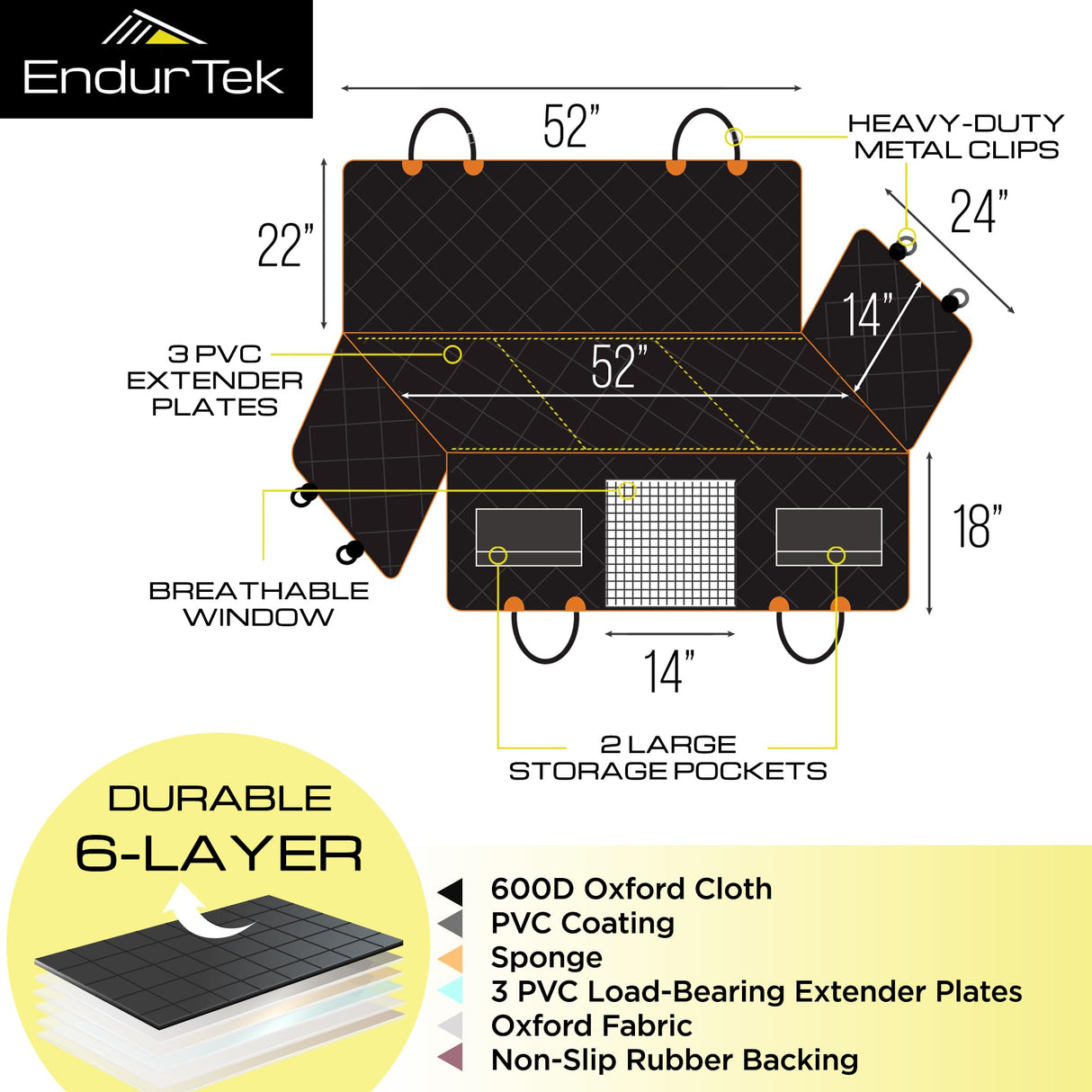 ENDURTEK Dog Car Seat Cover for Back Seat | Universal Hard Bottom Back Seat Extender for Car, Truck, SUV | Waterproof Cargo and Truck Bed Protector Hammock with Storage Pockets for Medium & Large Dogs