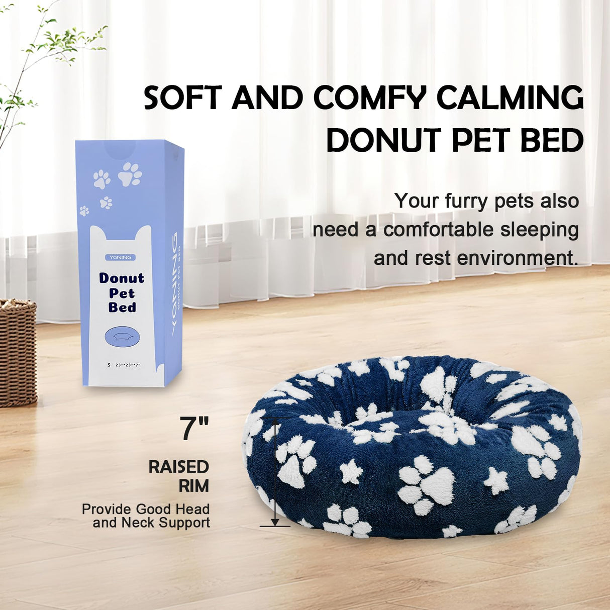 Yaning Donut Dog Beds for Small Dogs, Calming Round Cat Beds for Indoor Cats, Cute 3D Textured Paw Pet Bed with Removable Washable Cover and Anti-Slip Bottom(Navy Blue,23")