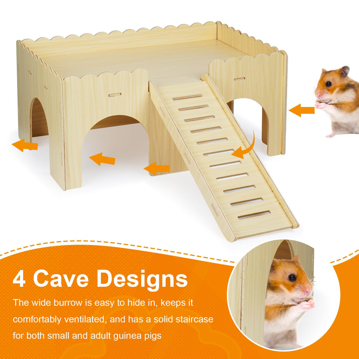 Large Guinea Pig Hideout, Upgraded Wooden Guinea Pig Castle with Guinea Pig ramp, Easy to Assemble Guinea Pig House for Small Animal House Habitat or Hamster Hideout/Rabbit Hideout