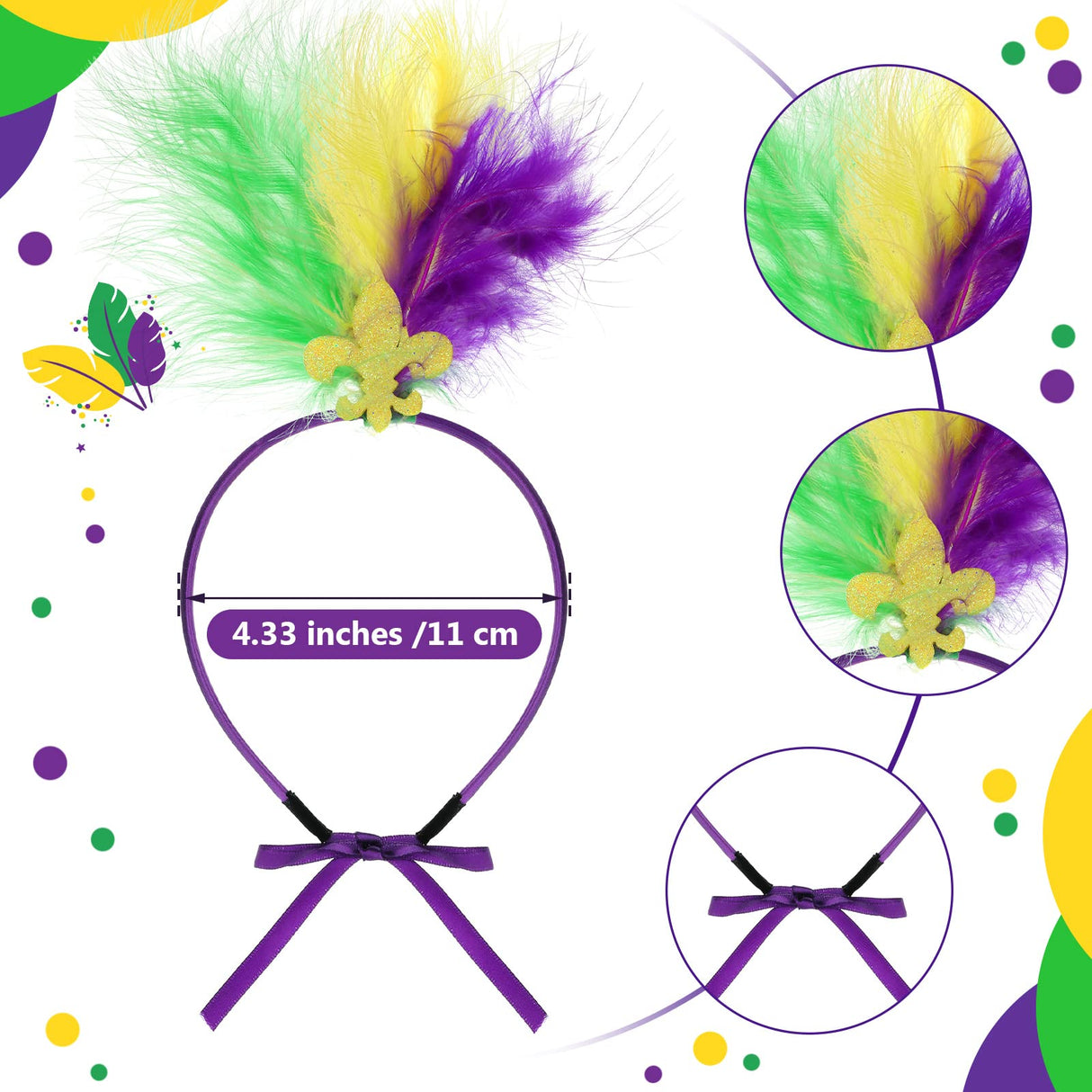 3 Pieces Girl Dog Costume Mardi Gras Tutu Skirt and Fleur De Lis Feather Headband Fancy Collar for Puppy Dog Costume Decorations Supplies, Purple, Green, Yellow (Small)