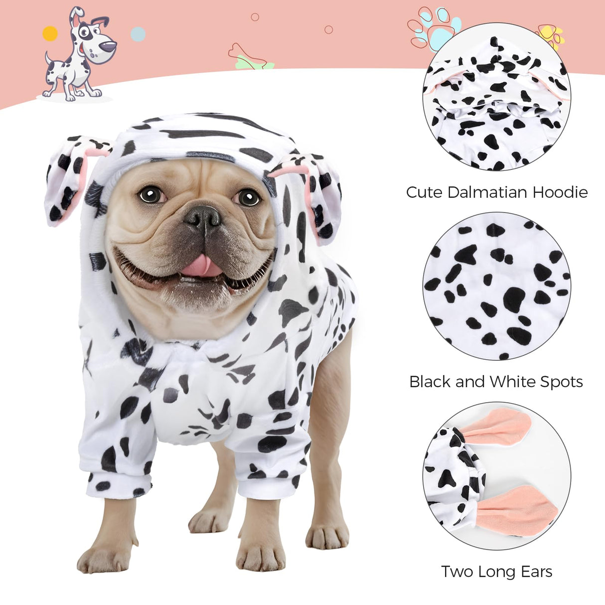 DELIFUR Dog Halloween Dalmatian Costume - Adorable Dog Hoodies for Small Pet Cute Animal Clothes Cosplay Sweatshirt Spotted (Dalmatian, Small)