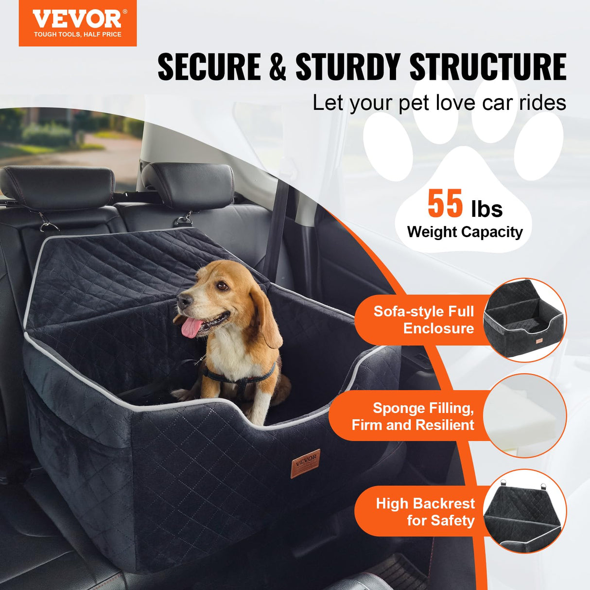 VEVOR Dog Car Seat, Waterproof Dog Booster Seat for Car with Side Handles and a Storage Pocket, Clip-On Safety Leash and PP Cotton Filling, Vehicle Bed for Small Dogs up to 25lbs, Gray
