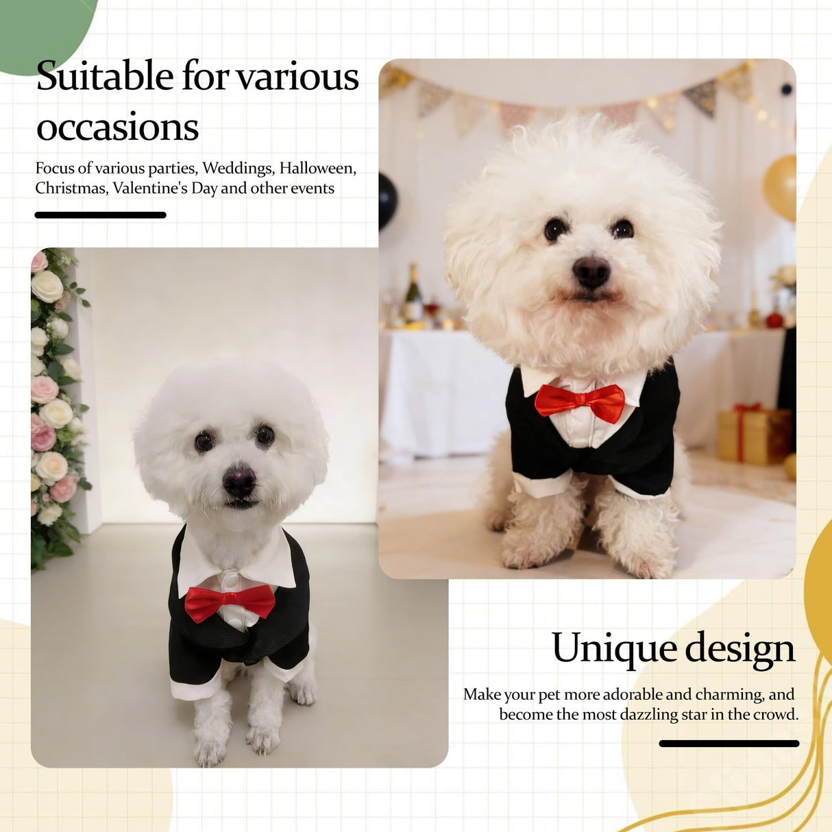 Dog Tuxedo Suit with Bow Tie Dog Shirt Puppy Clothes Formal Pet Tux Party Birthday Costume for Small Medium Dogs Pet Weding Attire Dress Up Cosplay Prince Costume Gentleman Apparel