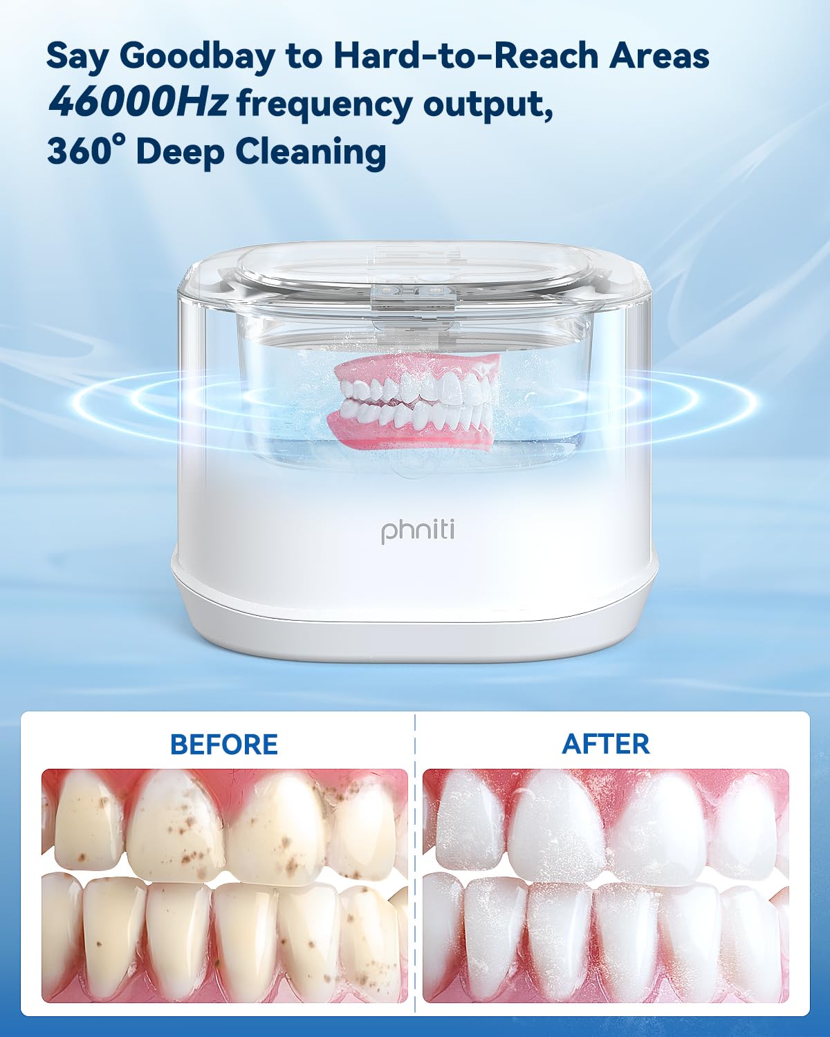 Ultrasonic Jewelry Cleaner, Phniti 46kHz Professional Portable Ultrasonic Retainer Cleaner Machine with Timer for Dental Retainer, Mouth Guard, Watch, Ring, Diamond - Household Use, White