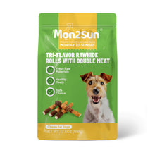 Load image into Gallery viewer, MON2SUN Dog Treats, Triple Flavor 6 Inch Chicken Liver Duck and Chicken Wrapped Rawhide Sticks, Teeth Cleaning Snacks for Medium Dogs, 17.6 oz (10 Count-Pack of 1)