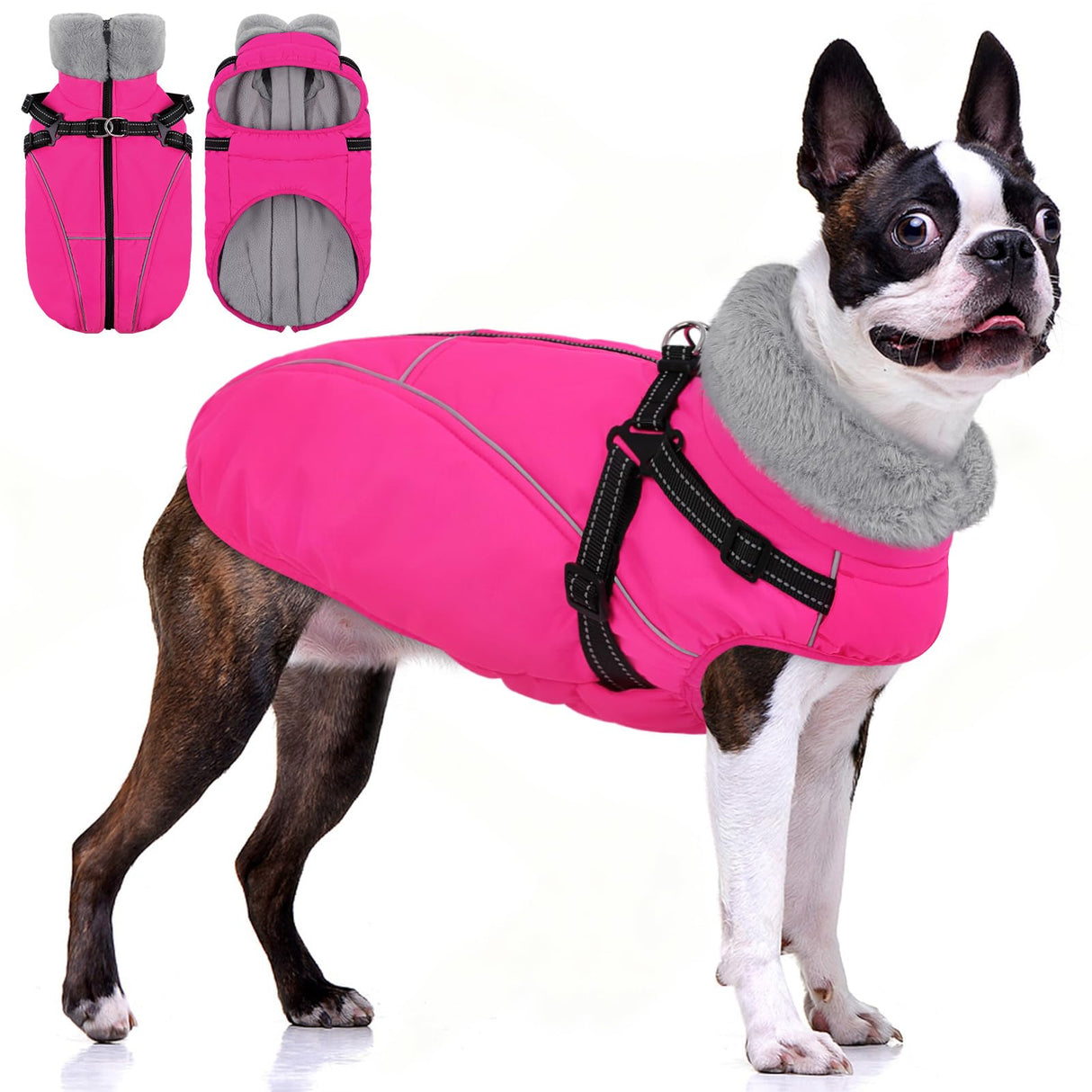 AOFITEE Dog Winter Coat, Waterproof Dog Jacket with Harness Built in, Warm Fleece Dogs Coats for Medium Dogs, Reflective Cozy Thermal Pet Puffer Jacket Snowsuit with Zipper & Furry Collar, Pink M