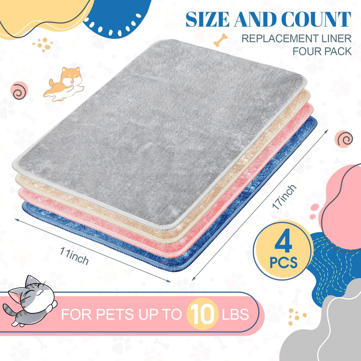 Drydiet 4 Pcs Pet Carrier Pad Travel Pet Reversible Dog Mat Replacement Liners for Travel Dog Bed Pad Washable Plush Double Sided Bed Mat for Cat Kennel Crate(Colorful,17 x 11 Inch)
